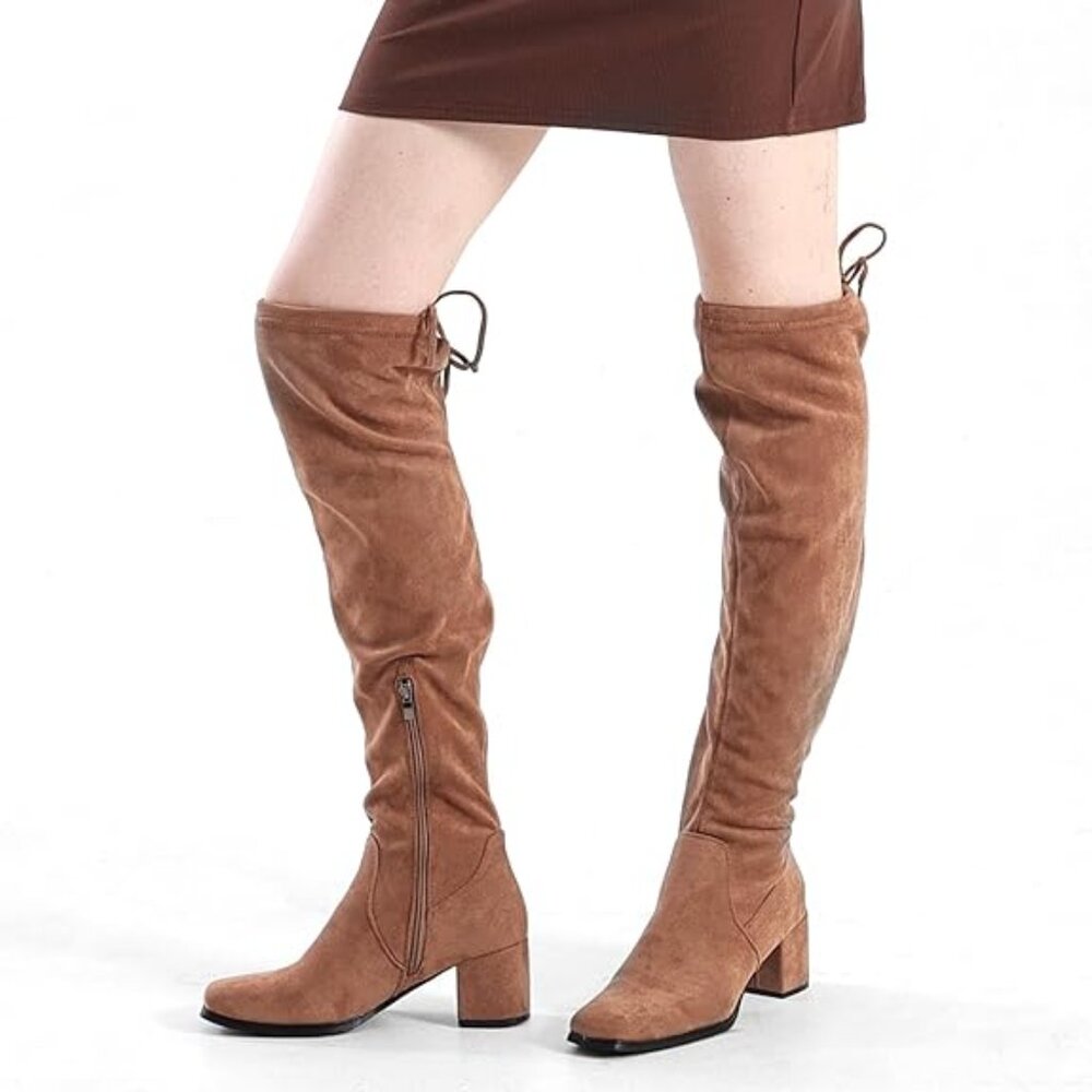 Suede Over the Knee High Boots for Women, Chunky Block Heel-Khaki